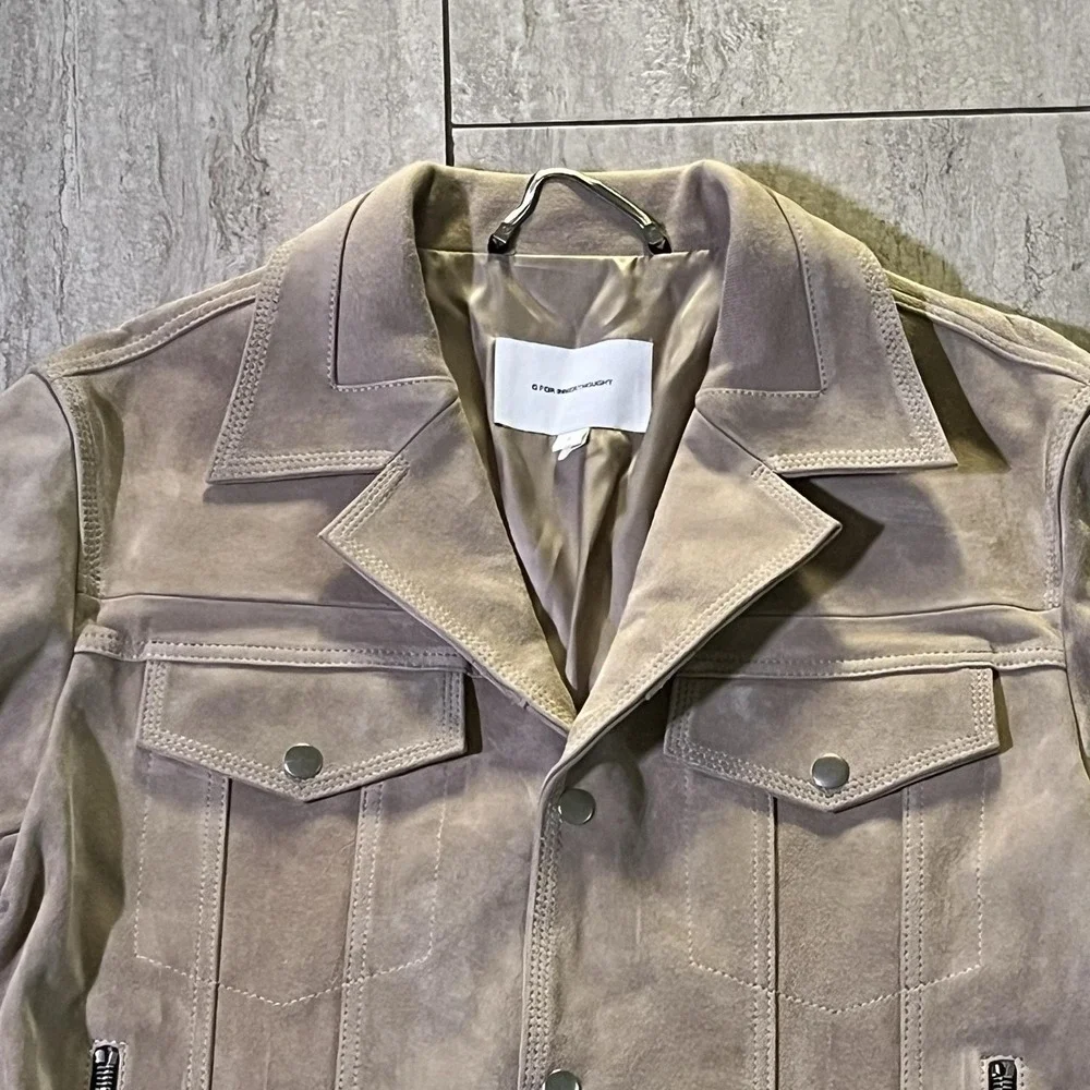 G For Innerthought Jacket Mens Large Beige Suede Leather Biker Snap Front
